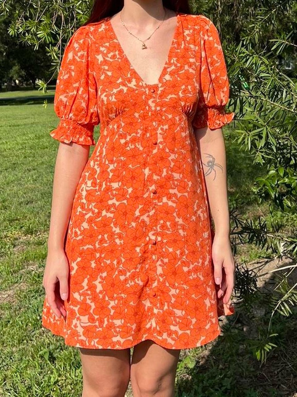 Orange Floral V-Neck Puff Sleeve Dress